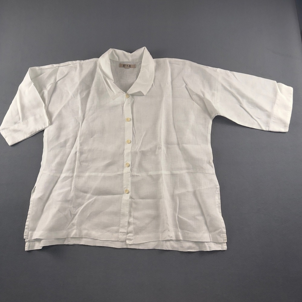 FLAX Linen Button Down Shirt White Short Sleeve Lithuania Small